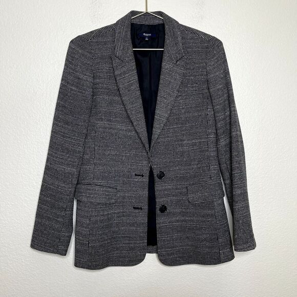 Madewell Blazer Coat Size 2 Houndstooth Black White Wool Stretch Button Career - Picture 1 of 13